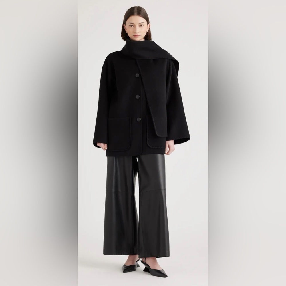 👘 Quince 👘 Double-Faced Merino Wool Scarf Coat Black S - Picture 3 of 16